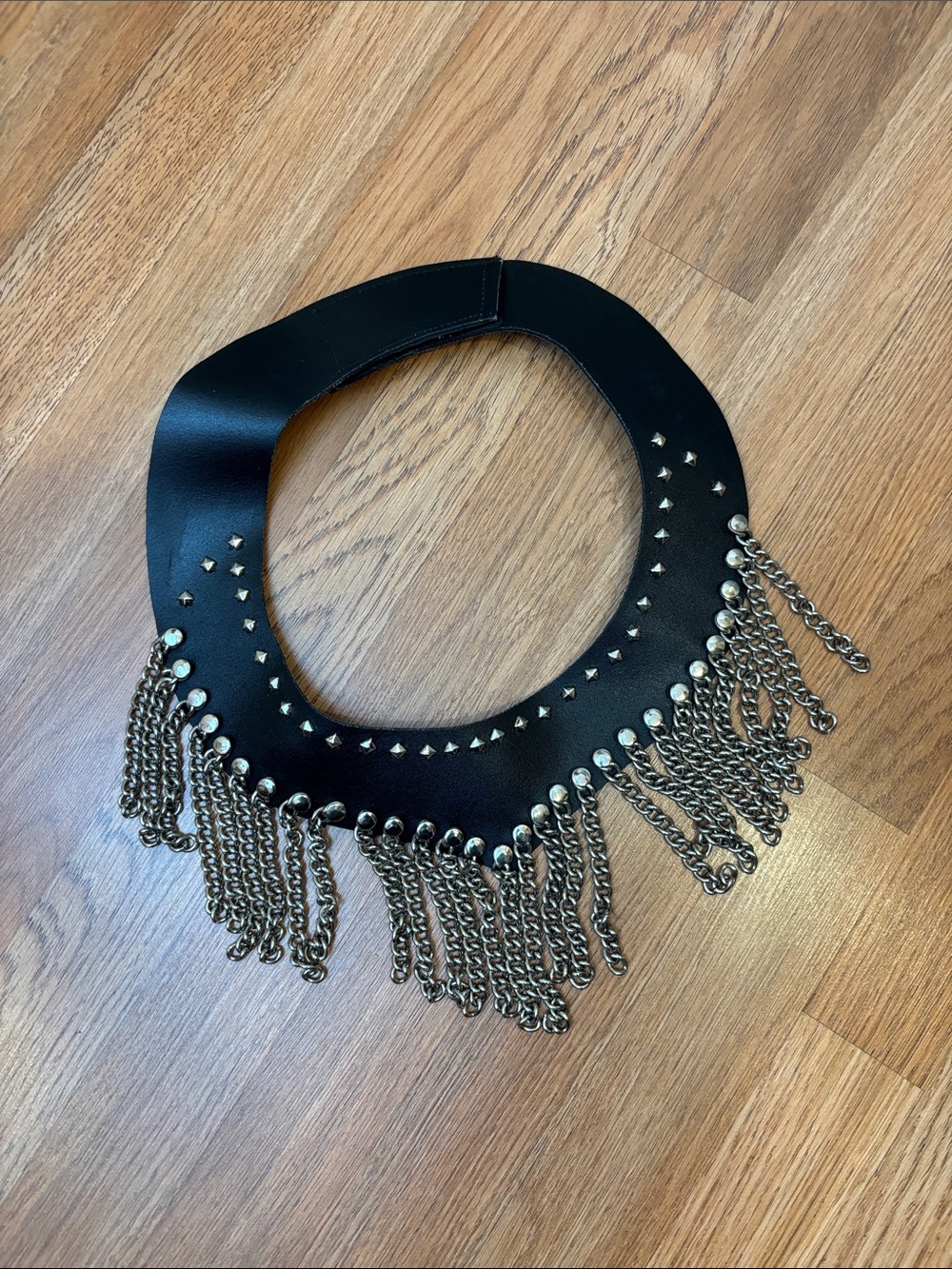 Studded Black Faux Leather Fringe Collar Necklace with Silver Chains - Picture 5 of 10